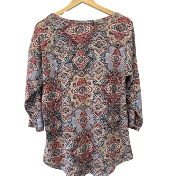 Women's XL Red Blue Stretch Relaxed Casual 3/4 Sleeve Pullover Blouse Top - Picture 2 of 4